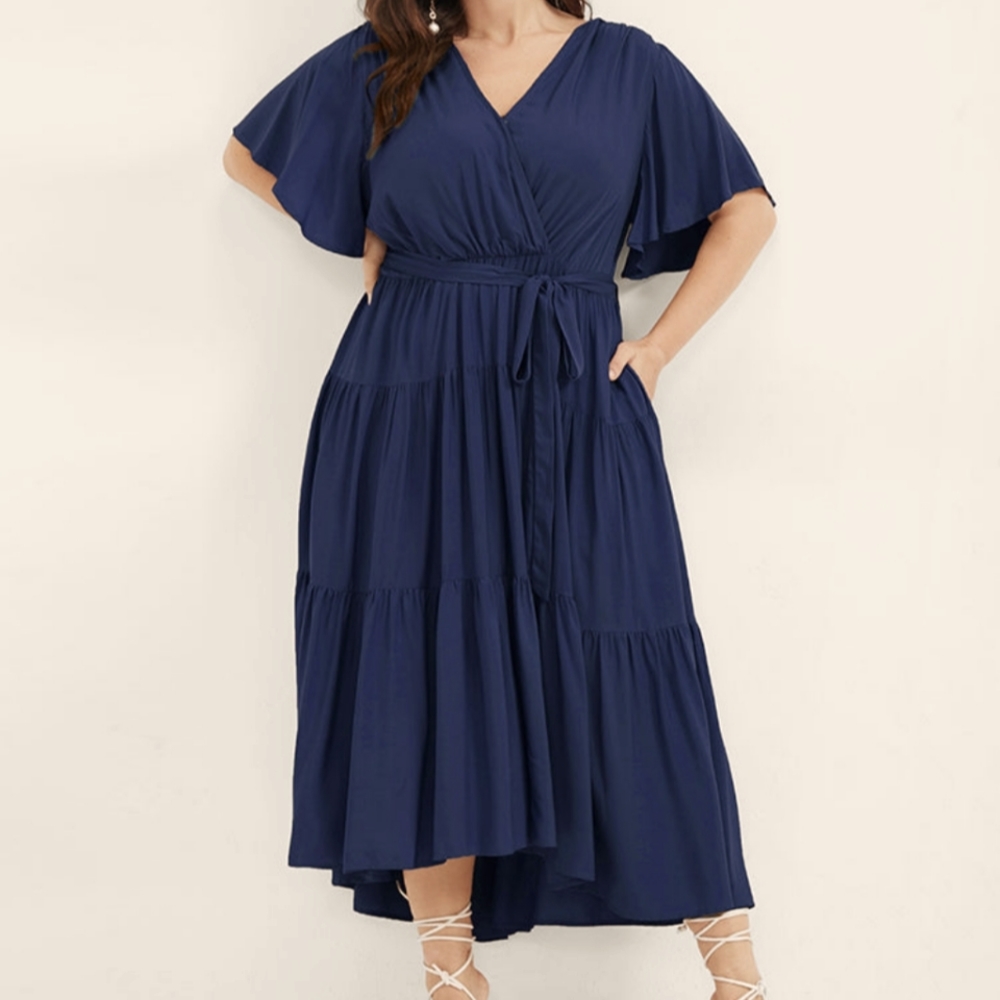 BLOOMCHIC Bloom Solid Blue Button Pocket Belted Ruffles Wrap Midi Dress Size 26